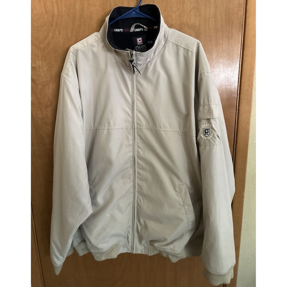 Chaps Jacket Mens XL Beige Fleece Lined Full Zip Pocket Logo Sleeve Pocket -READ
